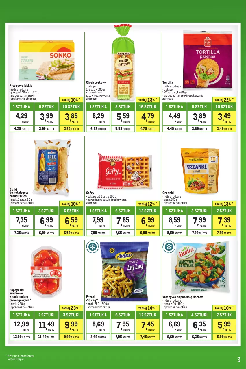 Gazetka promocyjna Makro - Kupujesz więcej płacisz mniej - oferta z alkoholem - ważna 01.08 do 31.08.2023 - strona 3 - produkty: Bułki do hot dogów, Chleb, Chleb tostowy, Frytki, Gofry, Hortex, Hot dog, Piec, Pieczywo, Tortilla, Warzywa