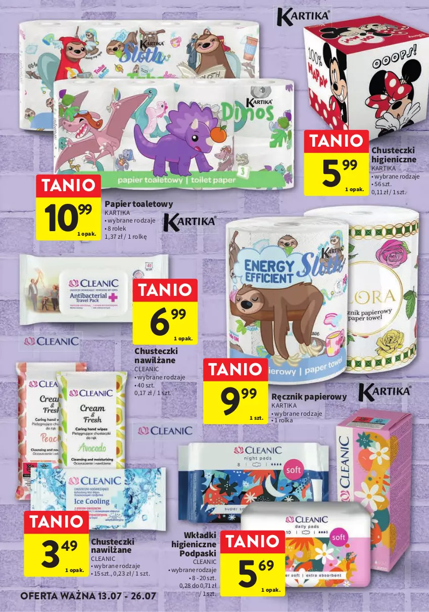 Gazetka promocyjna Intermarche - Gazetka Intermarche - ważna 13.07 do 26.07.2023 - strona 6 - produkty: Chusteczki, Cleanic, Kolorado, Kostka do wc, Odkamieniacz, Odplamiacz, Odświeżacz powietrza, Papier, Papier toaletowy, Podpaski, Ręcznik, Wkładki