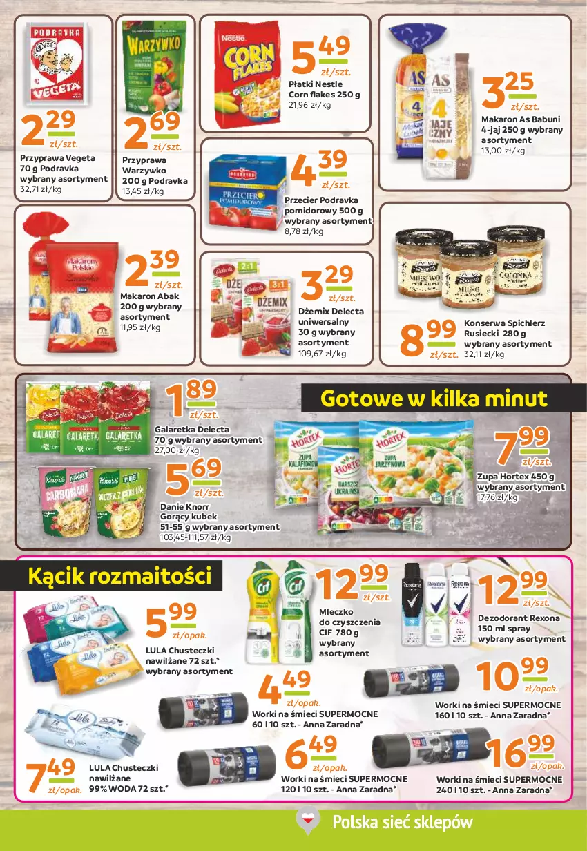 Gazetka promocyjna Gama - Gazetka Gama - ważna 23.05 do 02.06.2024 - strona 9 - produkty: Babuni, Chusteczki, Cif, Delecta, Dezodorant, Dżem, Gala, Galaretka, Hortex, Knorr, Kubek, Makaron, Mleczko, Podravka, Rexona, Ser, Spichlerz Rusiecki, Vegeta, Woda, Worki na śmiec, Worki na śmieci, Zupa