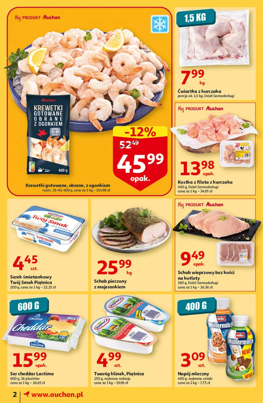 Gazetka promocyjna Auchan - Gazetka Koszyk Oszczędności Moje Auchan - ważna 12.01 do 18.01.2023 - strona 2 - produkty: Cheddar, Kotlet, Krewetki, Kurczak, Napój, Napój mleczny, Piątnica, Piec, Por, Schab pieczony, Schab wieprzowy, Ser, Serek, Twaróg, Twój Smak