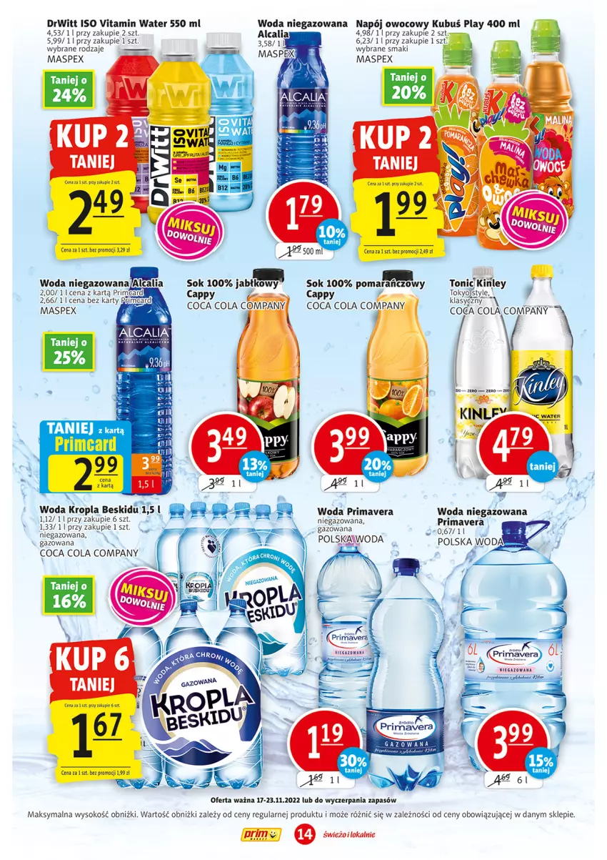 Gazetka promocyjna Prim Market - ważna 17.11 do 23.11.2022 - strona 14 - produkty: Cappy, Kubuś, Napój, Prima, Primavera, Sok, Woda, Woda niegazowana