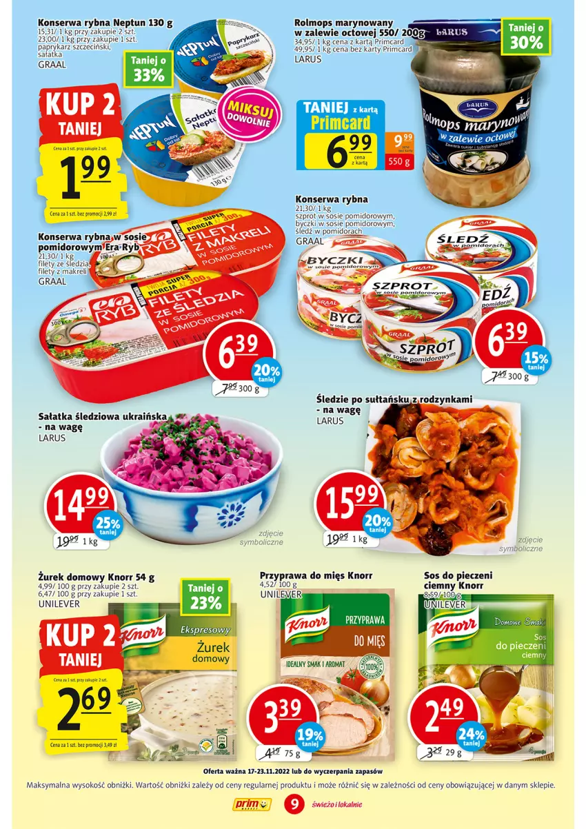 Gazetka promocyjna Prim Market - ważna 17.11 do 23.11.2022 - strona 9 - produkty: Gra, Graal, Knorr, Mop, Papryka, Paprykarz, Paprykarz szczeciński, Piec, Sałat, Sałatka, Ser, Sok, Sos, Szprot, Szprot w sosie