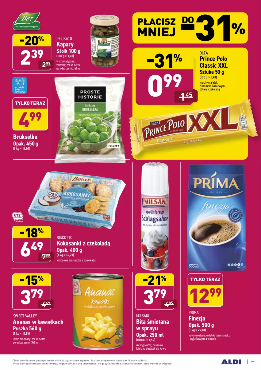 Gazetka promocyjna Aldi - ALE! CENA - ważna 22.03 do 27.03.2021 - strona 29 - produkty: Ananas, Brukselka, Deser, Kakao, Kapary, Kawa, Kawa mielona, Kokos, Prima, Prince Polo, Sanki, Ser, Tera, Wafelek