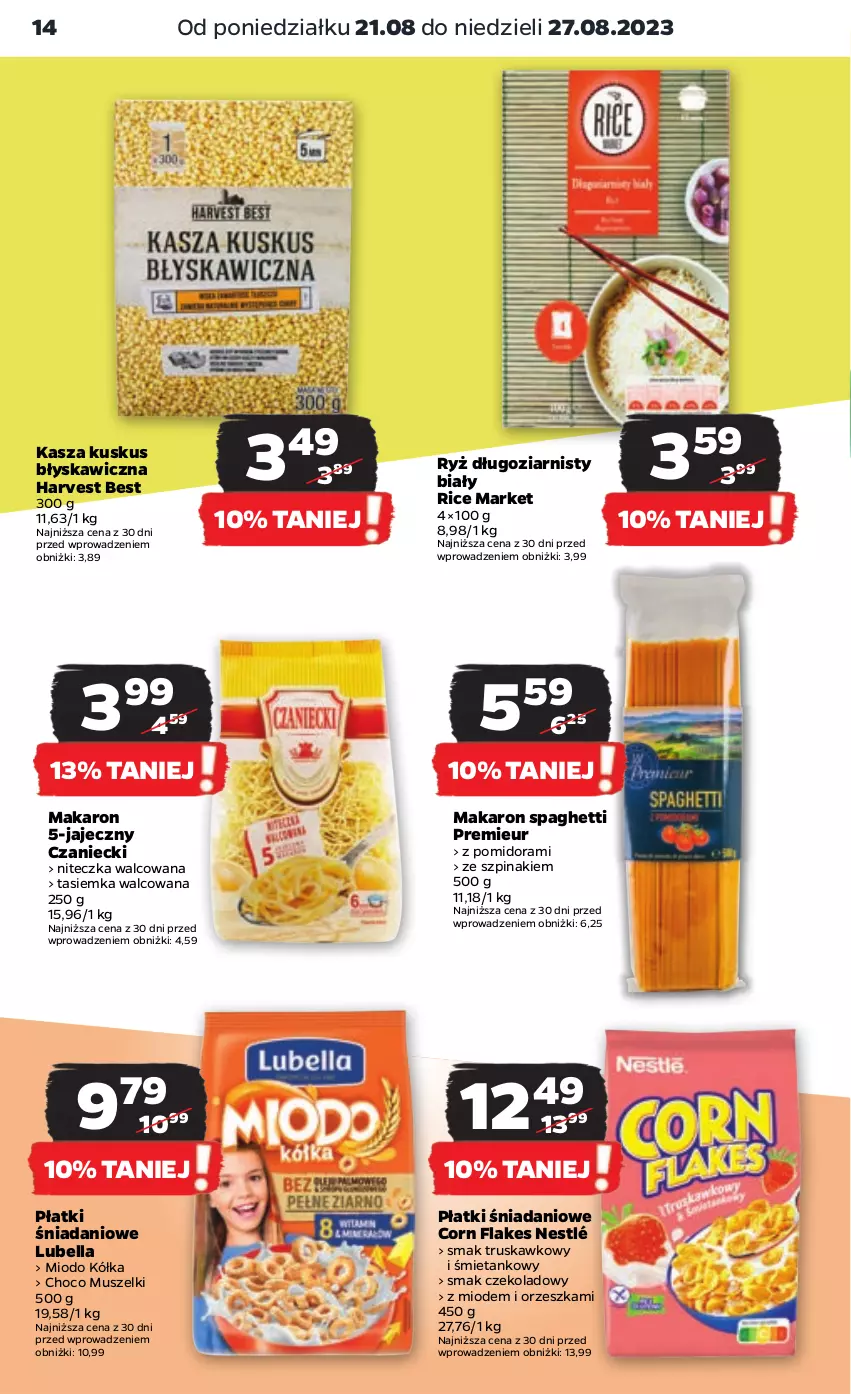 Gazetka promocyjna Netto - Artykuły spożywcze - ważna 21.08 do 27.08.2023 - strona 14 - produkty: Bell, Bella, Corn flakes, Danio, Kasza, Kuskus, Lubella, Makaron, Mus, Nestlé, Ryż, Spaghetti, Szpinak