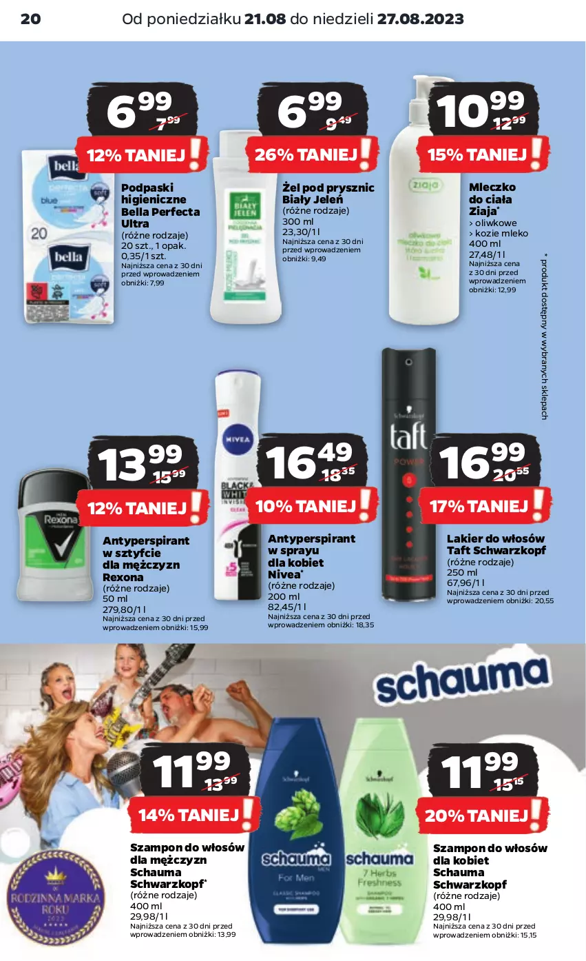 Gazetka promocyjna Netto - Artykuły spożywcze - ważna 21.08 do 27.08.2023 - strona 20 - produkty: Antyperspirant, Bell, Bella, Biały Jeleń, Lakier, Lakier do włosów, Mleczko, Mleczko do ciała, Mleko, Nivea, Perfecta, Podpaski, Rexona, Schauma, Schwarzkopf, Szampon, Taft, Ziaja