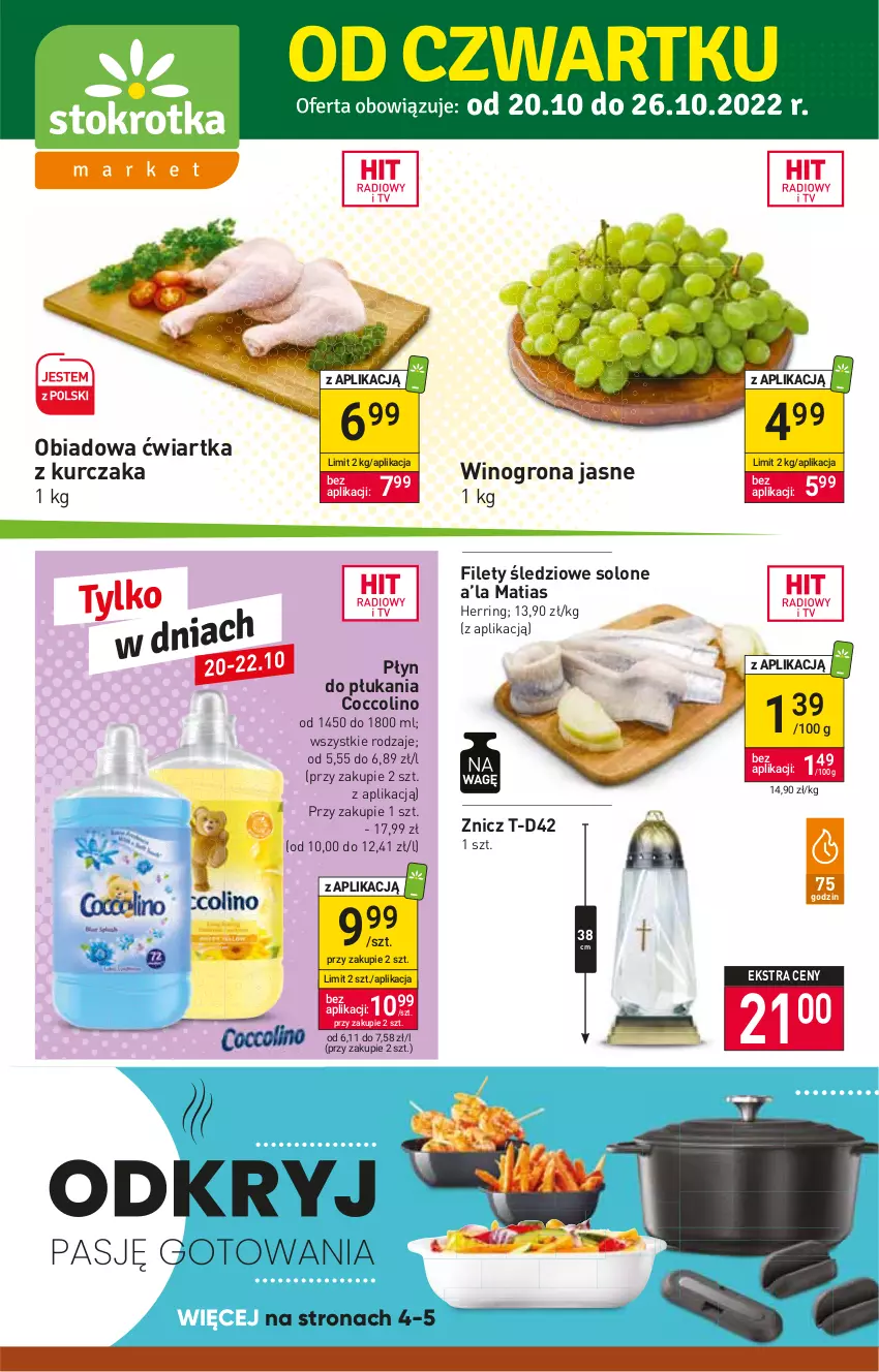 Gazetka promocyjna Stokrotka - Market - ważna 20.10 do 26.10.2022 - strona 1 - produkty: Coccolino, Kurczak, Płyn do płukania, Wino, Winogrona, Znicz