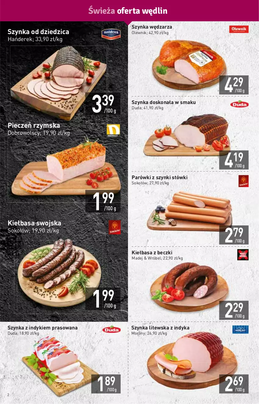 Gazetka promocyjna Stokrotka - Market - ważna 20.10 do 26.10.2022 - strona 2 - produkty: Duda, HP, Kiełbasa, Morliny, Olewnik, Parówki, Parówki z szynki, Piec, Pieczeń rzymska, Sok, Sokołów, Szynka