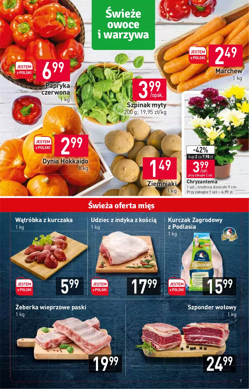 Gazetka promocyjna Stokrotka - Market - ważna 20.10 do 26.10.2022 - strona 3 - produkty: Chryzantema, Kurczak, Papryka, Papryka czerwona, Szpinak, Szponder wołowy, Udziec z indyka, Ziemniaki