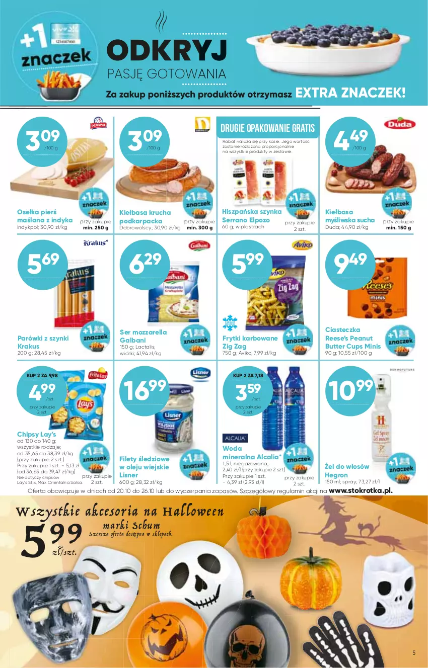 Gazetka promocyjna Stokrotka - Market - ważna 20.10 do 26.10.2022 - strona 5 - produkty: Chipsy, Duda, Frytki, Galbani, Gra, Hegron, Karp, Kiełbasa, Kiełbasa krucha, Krakus, LANA, Lay’s, Lisner, Mozzarella, Olej, Parówki, Parówki z szynki, Por, Salsa, Ser, Szynka, Woda, Woda mineralna