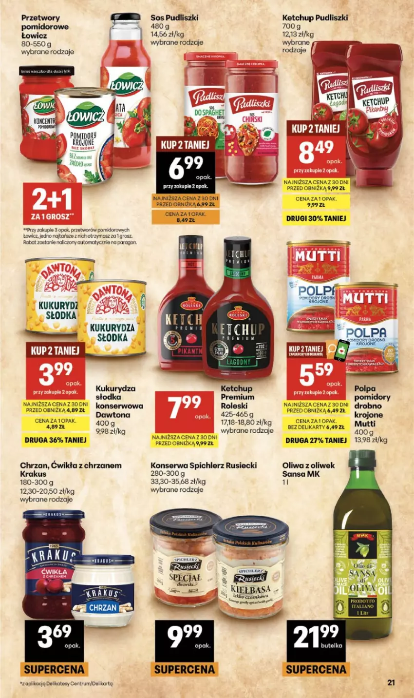 Gazetka promocyjna Delikatesy Centrum - Franczyza DC38 Czwartek - ważna 17.09 do 23.09.2026 - strona 21 - produkty: Chrzan, Dawtona, Ketchup, Kiełbasa, Krakus, Kukurydza, Oliwa z oliwek, Pomidory, Pudliszki, Rum, Ser, Sos, Spichlerz Rusiecki
