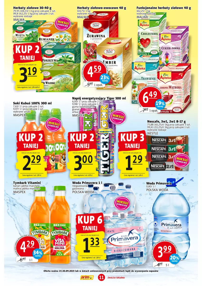 Gazetka promocyjna Prim Market - ważna 14.09 do 20.09.2023 - strona 11 - produkty: Cukier, Gra, Granat, Kubuś, LANA, Napój, Prima, Primavera, Sok, Tiger, Tymbark, Woda