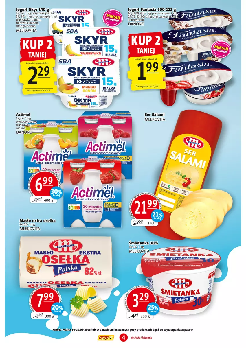 Gazetka promocyjna Prim Market - ważna 14.09 do 20.09.2023 - strona 4 - produkty: Actimel, Borówka, Danone, Isla, Jogurt, LG, Mango, Mleko, Mlekovita, Por, Salami, Ser, Ser salami