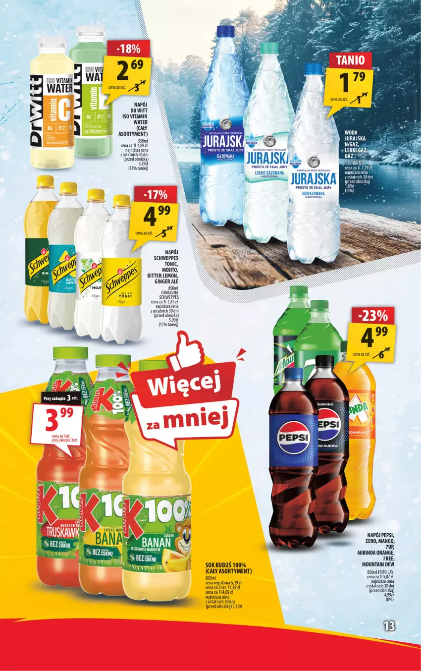 Gazetka promocyjna Arhelan - Gazetka - ważna 24.01 do 02.02.2025 - strona 13 - produkty: Fa, Gin, Kubuś, Mango, Mirinda, Napój, Pepsi, Sok, Tera