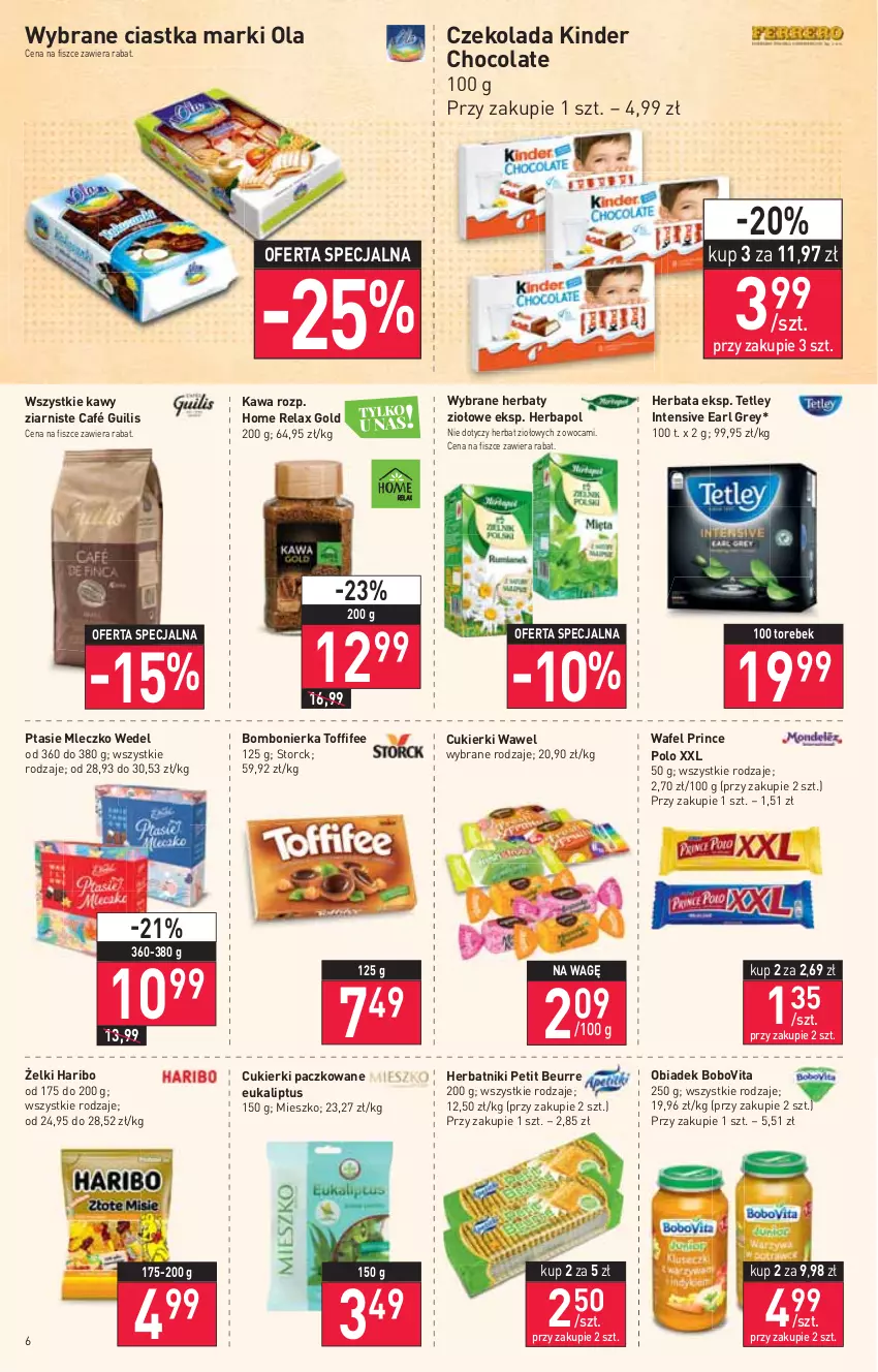 Gazetka promocyjna Stokrotka - Market - ważna 17.03 do 23.03.2022 - strona 6 - produkty: BoboVita, Ciastka, Cukier, Cukierki, Czekolada, Earl Grey, Haribo, Herbapol, Herbata, Herbatniki, Herbatniki Petit Beurre, Kawa, Kinder, Mleczko, Prince Polo, Ptasie mleczko, Tetley, Toffifee, Wawel