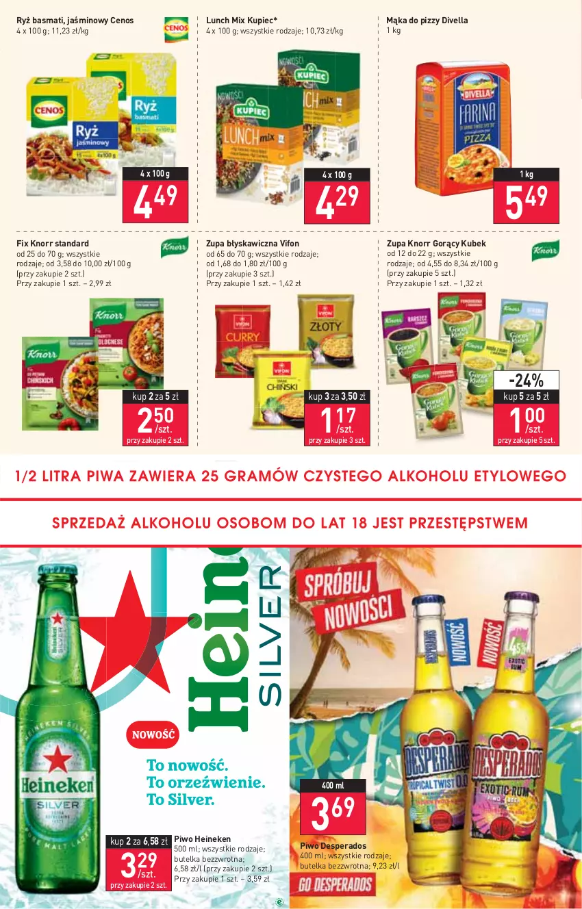 Gazetka promocyjna Stokrotka - Market - ważna 17.03 do 23.03.2022 - strona 8 - produkty: Cenos, Desperados, Gra, Heineken, Knorr, Kubek, Kupiec, Mąka, Mąka do pizzy, Piec, Piwa, Piwo, Ryż, Ryż basmati, Zupa