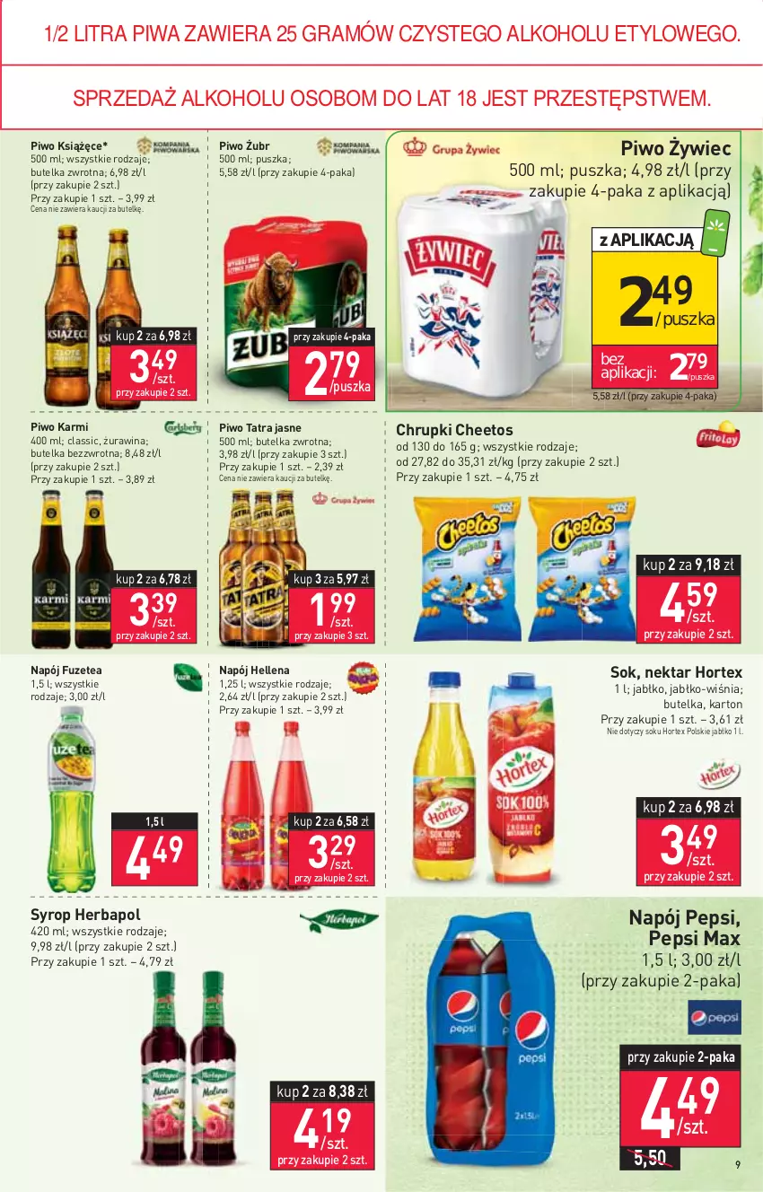 Gazetka promocyjna Stokrotka - Market - ważna 17.03 do 23.03.2022 - strona 9 - produkty: Cheetos, Chrupki, Gra, Hellena, Herbapol, Hortex, Karmi, Książęce, Napój, Nektar, Pepsi, Pepsi max, Piwa, Piwo, Sok, Syrop, Tatra