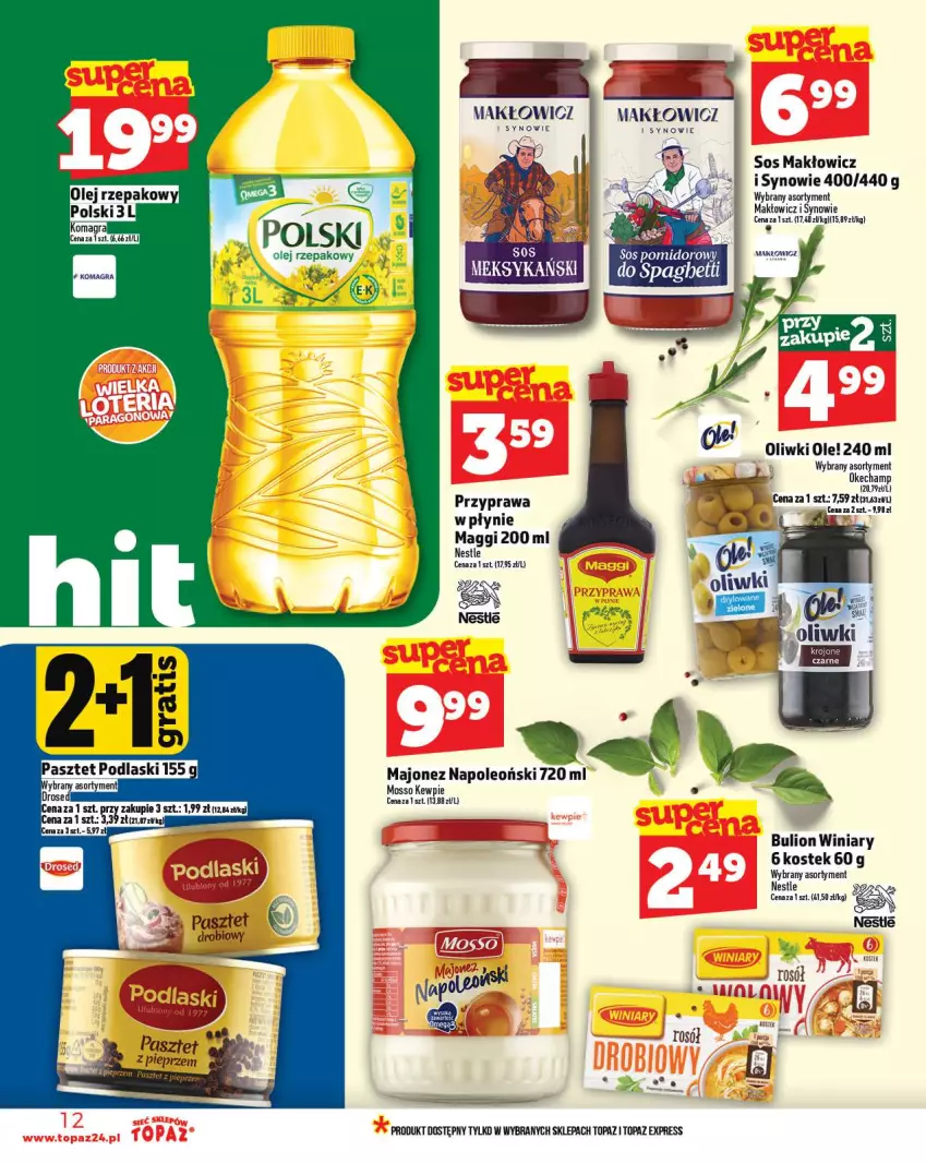 Gazetka promocyjna Topaz - Gazetka - ważna 18.09 do 24.09.2025 - strona 12 - produkty: Bulion, Lion, Maggi, Majonez, Ole!, Olej, Olej rzepakowy, Oleo, Oliwki, Owoce, Podlaski, Ryż, Sos, Stek, Top, Winiary