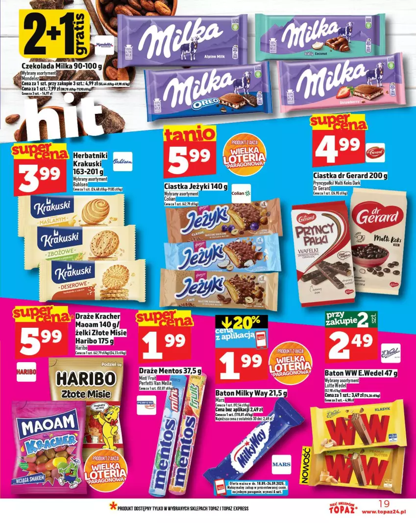 Gazetka promocyjna Topaz - Gazetka - ważna 18.09 do 24.09.2025 - strona 19 - produkty: Baton, Ciastka, Czekolada, Dr Gerard, Haribo, Jeżyki, Milka, NBA, Top
