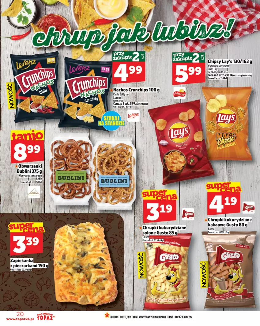 Gazetka promocyjna Topaz - Gazetka - ważna 18.09 do 24.09.2025 - strona 20 - produkty: Chipsy, Chrupki, Lorenz, Piec, Pieczarka, Ser, Sezam, Top