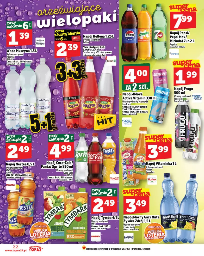 Gazetka promocyjna Topaz - Gazetka - ważna 18.09 do 24.09.2025 - strona 22 - produkty: 7up, Hellena, Magnez, Mirinda, Napój, Pepsi, Pepsi max, Top