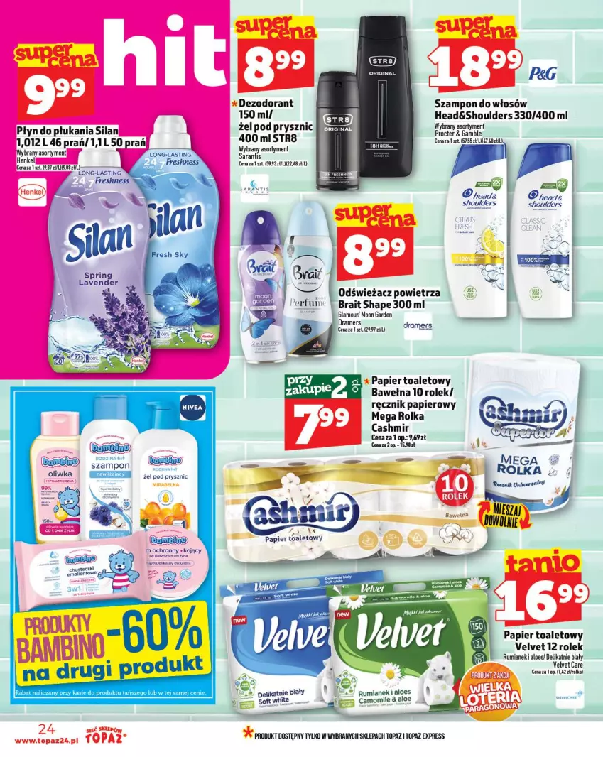 Gazetka promocyjna Topaz - Gazetka - ważna 18.09 do 24.09.2025 - strona 24 - produkty: Chusteczki, Dezodorant, Odświeżacz powietrza, Papier, Papier toaletowy, Płyn do płukania, Ręcznik, Rum, Silan, Szampon, Top, Velvet, Wełna
