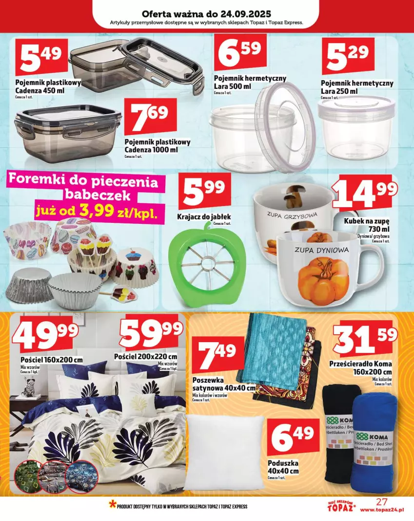 Gazetka promocyjna Topaz - Gazetka - ważna 18.09 do 24.09.2025 - strona 27 - produkty: Kubek, Poduszka, Pojemnik, Pojemnik plastikowy, Pościel, Poszewka, Prześcieradło, Sos, Top, Zupa