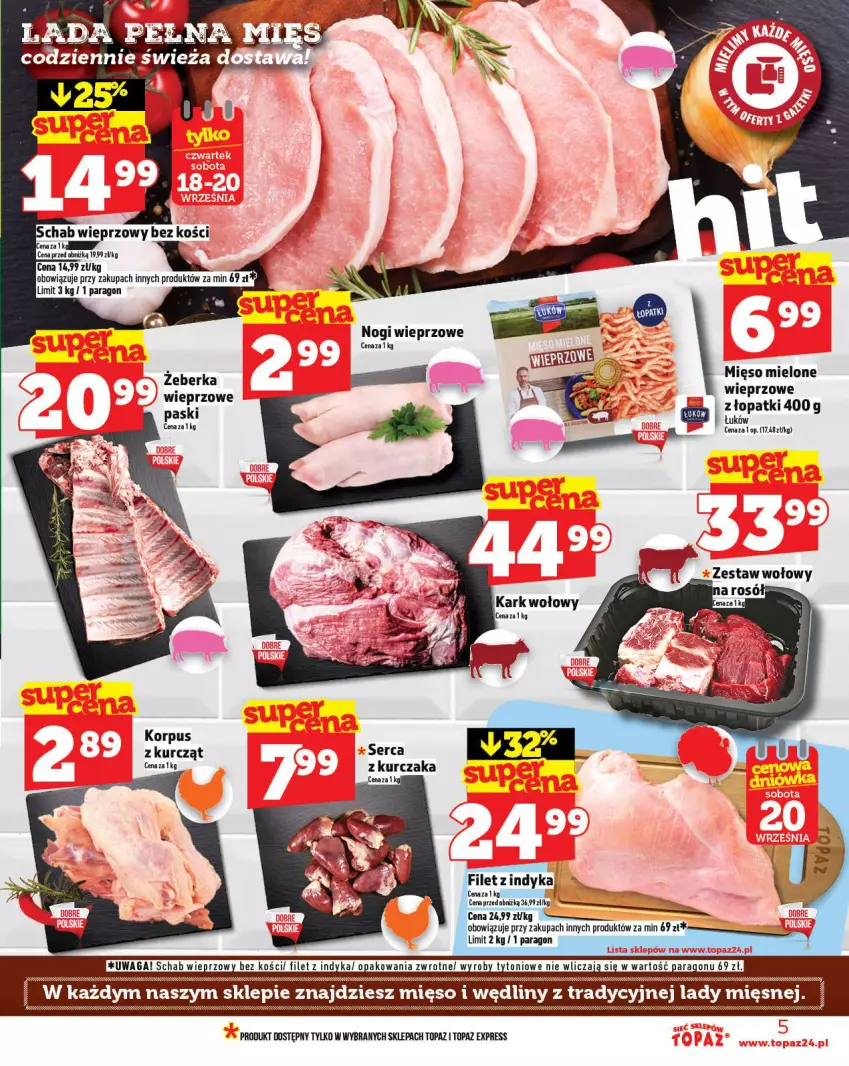 Gazetka promocyjna Topaz - Gazetka - ważna 18.09 do 24.09.2025 - strona 5 - produkty: Kurczak, Mięso, Schab wieprzowy, Ser, Top
