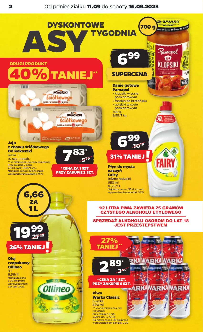 Gazetka promocyjna Netto - Artykuły spożywcze - ważna 11.09 do 16.09.2023 - strona 2 - produkty: Danie gotowe, Do mycia naczyń, Fa, Fairy, Gra, Jaja, Klopsiki, Kokos, Kosz, Olej, Olej rzepakowy, Piwa, Piwo, Płyn do mycia, Płyn do mycia naczyń, Sos, Warka