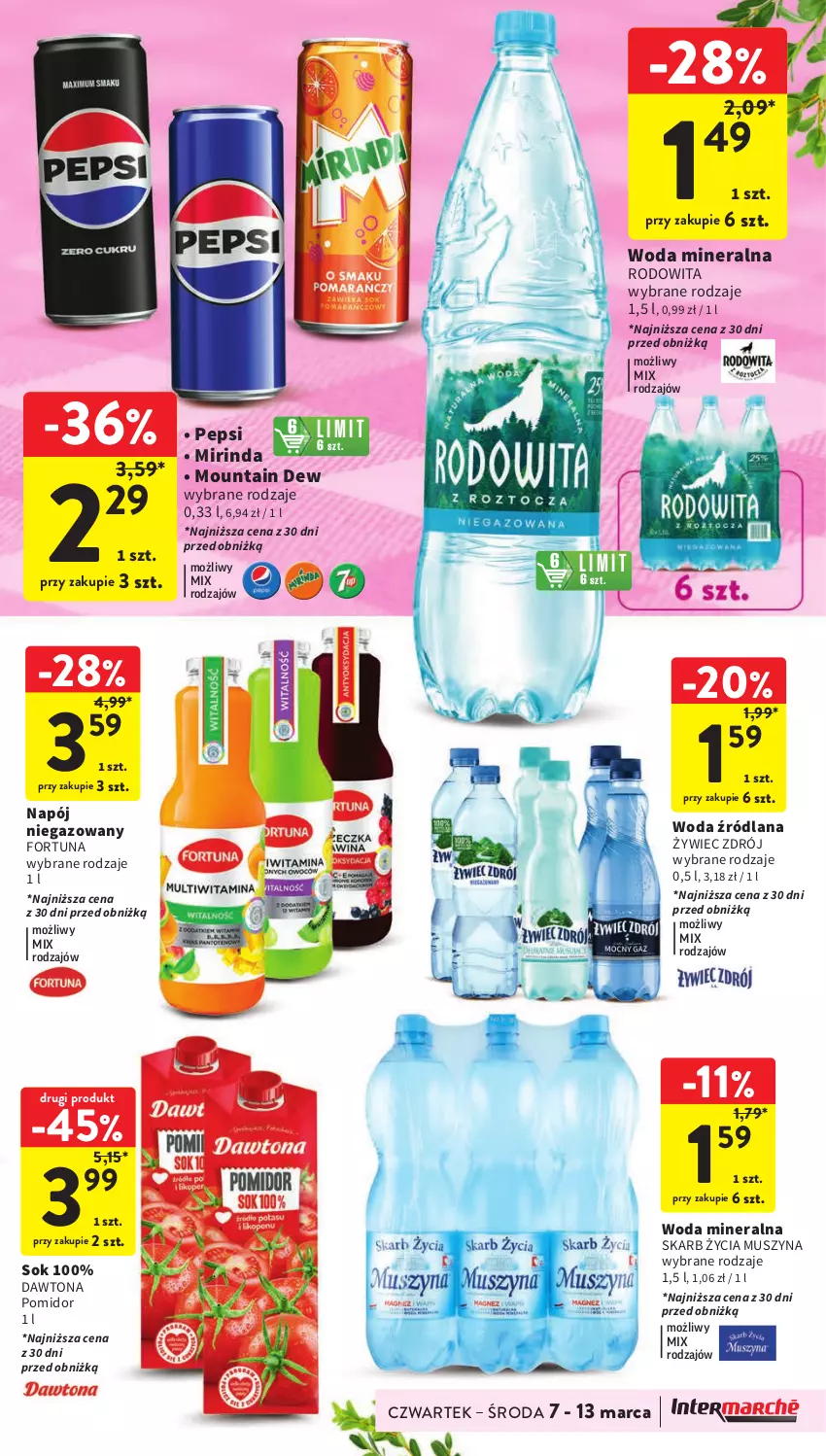 Gazetka promocyjna Intermarche - Gazetka Intermarche - ważna 07.03 do 13.03.2024 - strona 37 - produkty: Dawtona, Fortuna, LANA, Mirinda, Mus, Napój, Napój niegazowany, Pepsi, Sok, Szyna, Woda, Woda mineralna