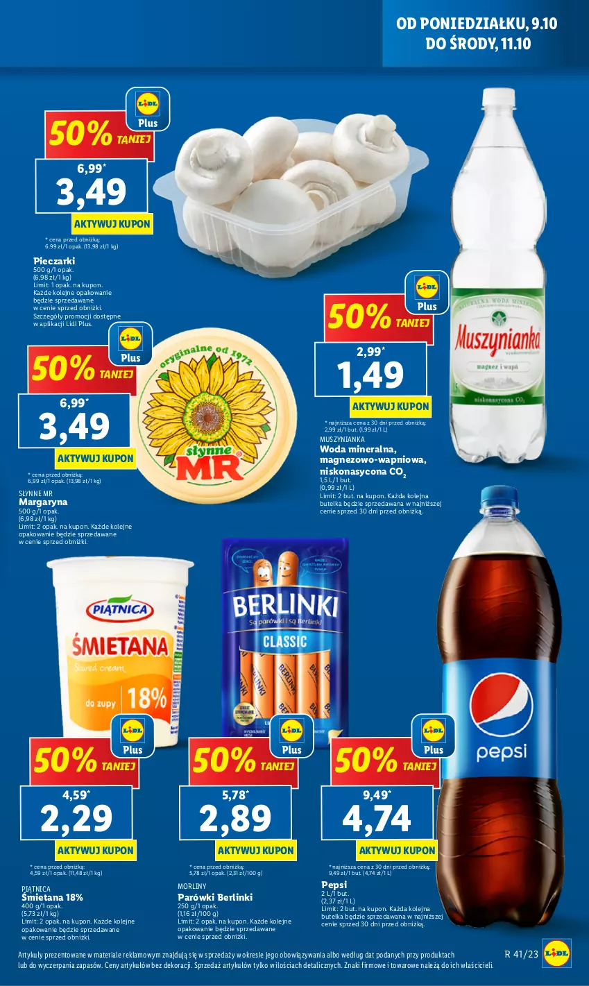 Gazetka promocyjna Lidl - GAZETKA - ważna 16.10 do 21.10.2023 - strona 3 - produkty: Berlinki, Magnez, Margaryna, Morliny, Mus, Muszynianka, Olej, Parówki, Pepsi, Piątnica, Piec, Słynne, Woda, Woda mineralna