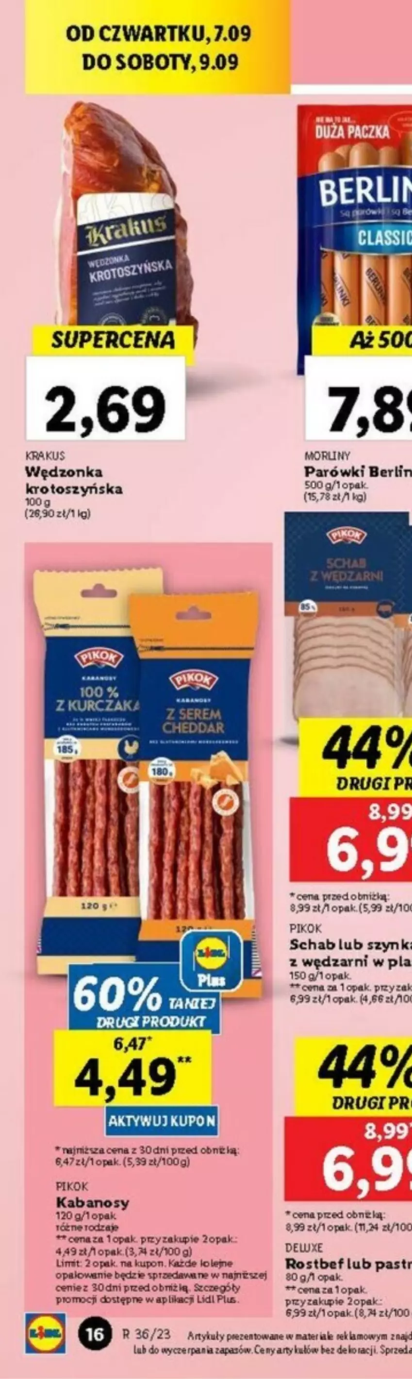 Gazetka promocyjna Lidl - ważna 07.09 do 09.09.2023 - strona 43 - produkty: Kabanos, Krakus, LG, Olej, Parówki, PIKOK, Rostbef