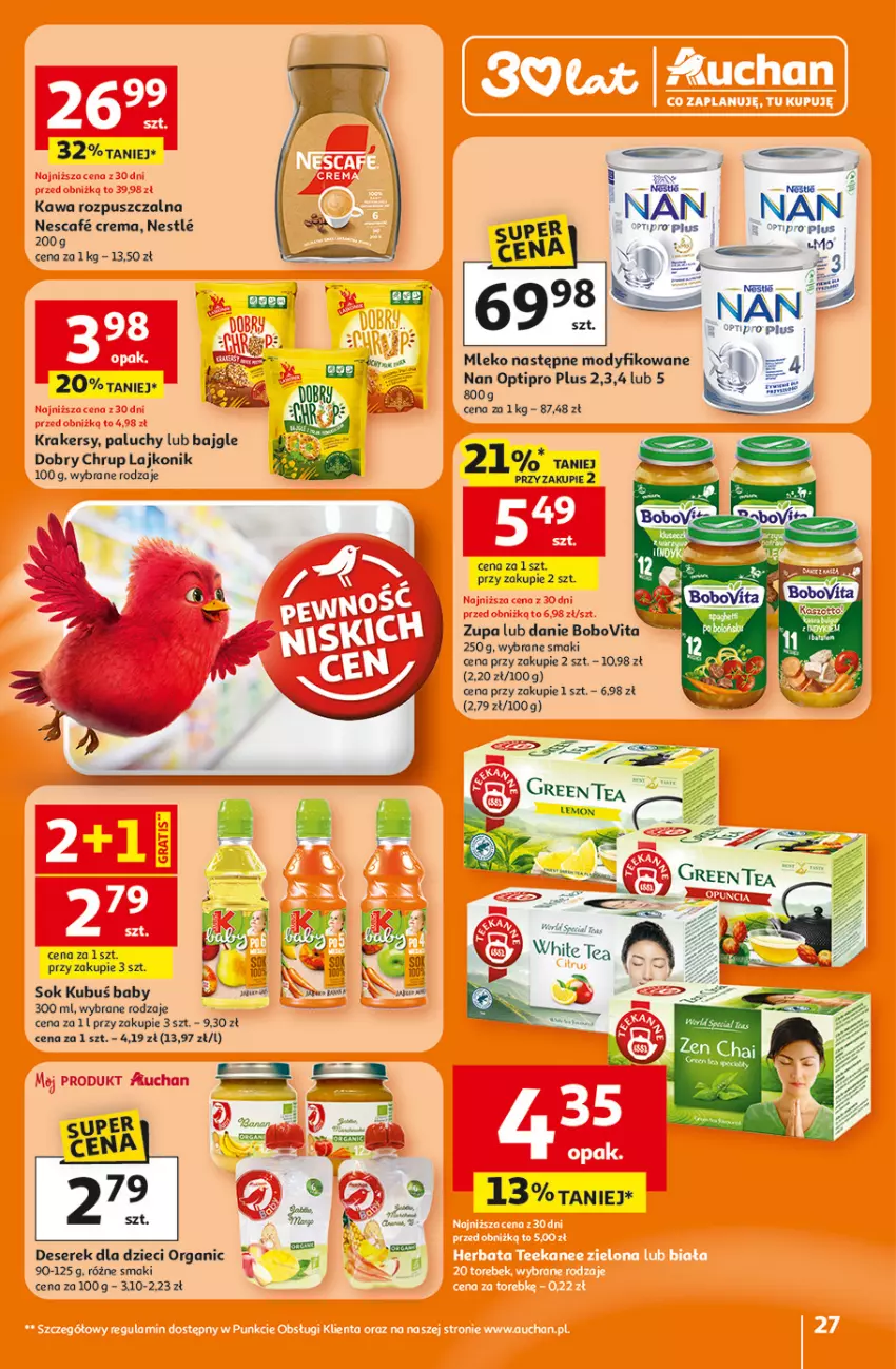 Gazetka promocyjna Auchan - Gazetka 30 Lat Hipermarket Auchan - ważna 15.01 do 21.01.2026 - strona 27 - produkty: Bajgle, BoboVita, Deser, Dzieci, Fa, Kawa, Kawa rozpuszczalna, Krakersy, Kubuś, Lajkonik, Mleko, NAN Optipro, O nas, Ser, Serek, Sok, Zupa