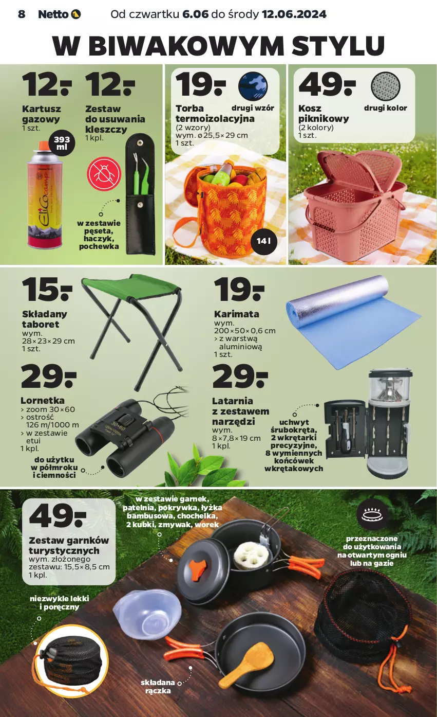 Gazetka promocyjna Netto - Akcesoria i dodatki - ważna 06.06 do 12.06.2024 - strona 8 - produkty: Chochelka, Garnek, Haczyk, Karimata, Kosz, Latarnia, Lornetka, Patelnia, Pęseta, Por, Taboret, Torba, Tusz, Wkręt