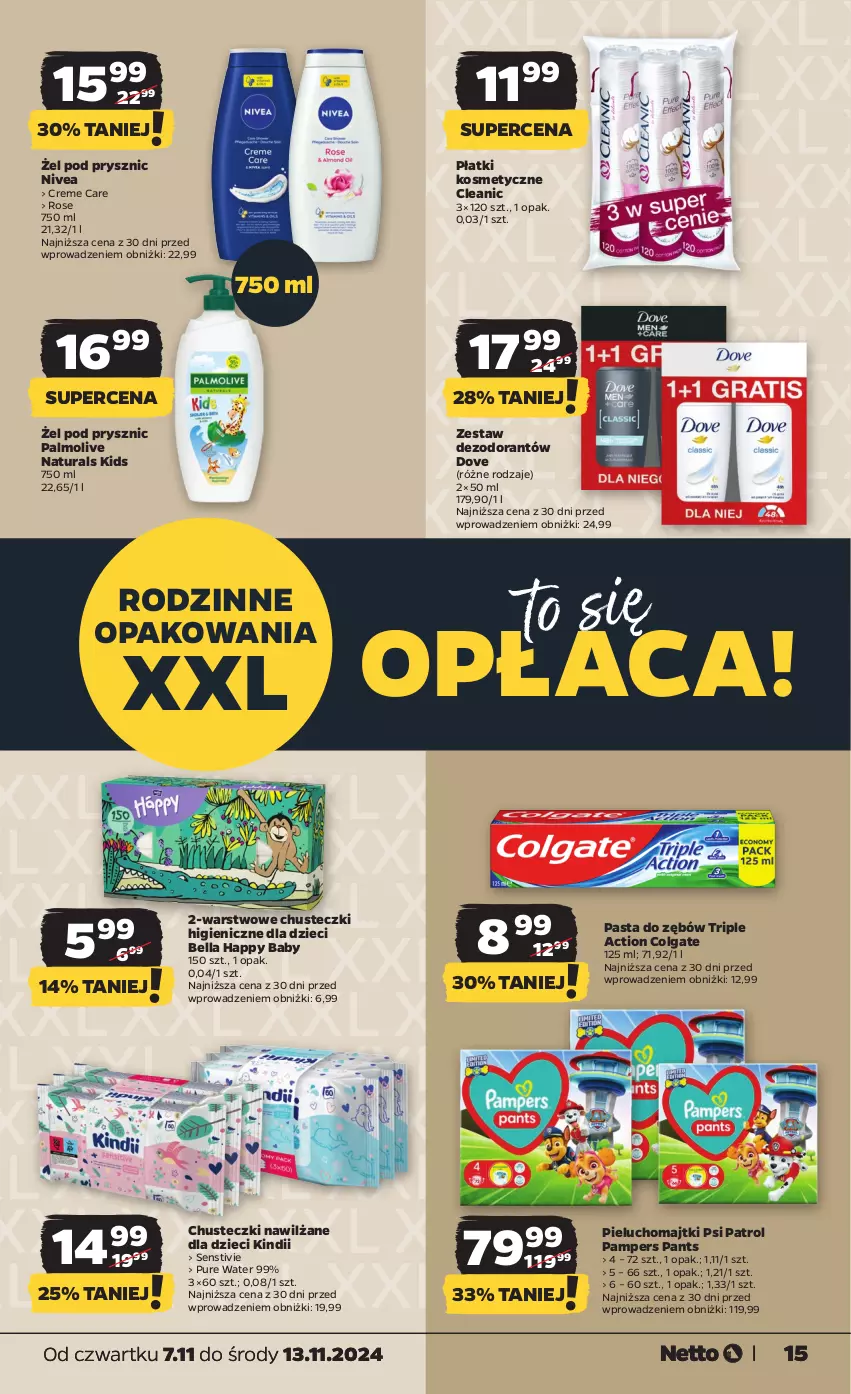 Gazetka promocyjna Netto - Artykuły spożywcze - ważna 07.11 do 13.11.2024 - strona 15 - produkty: Bell, Bella, Chusteczki, Cleanic, Colgate, Dezodorant, Dove, Dzieci, Kindii, LG, Majtki, Nivea, Palmolive, Pampers, Pasta do zębów, Pieluchomajtki, Płatki kosmetyczne, Psi Patrol, Pur