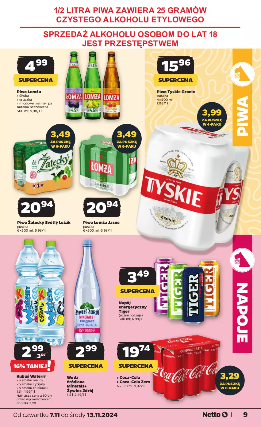 Gazetka promocyjna Netto - Artykuły spożywcze - ważna 07.11 do 13.11.2024 - strona 9 - produkty: Coca-Cola, Cytryny, Gra, Kubuś, Kubuś Waterrr, LANA, Maliny, Napój, Napój energetyczny, Napoje, Piwa, Piwo, Tiger, Truskawki, Tyskie, Woda