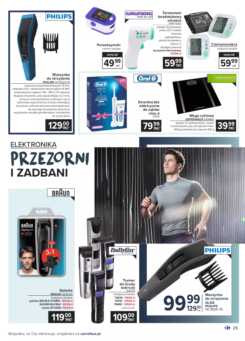 Gazetka promocyjna Carrefour - Gazetka Piękny duet - ważna 01.03 do 13.03.2021 - strona 29 - produkty: Akumulator, Babyliss, Braun, Ciśnieniomierz, Elektronika, Golarka, K2, Maszynka, Philips, Pulsoksymetr, Silan, Sok, Szczoteczka, Szynka, Termometr, Waga