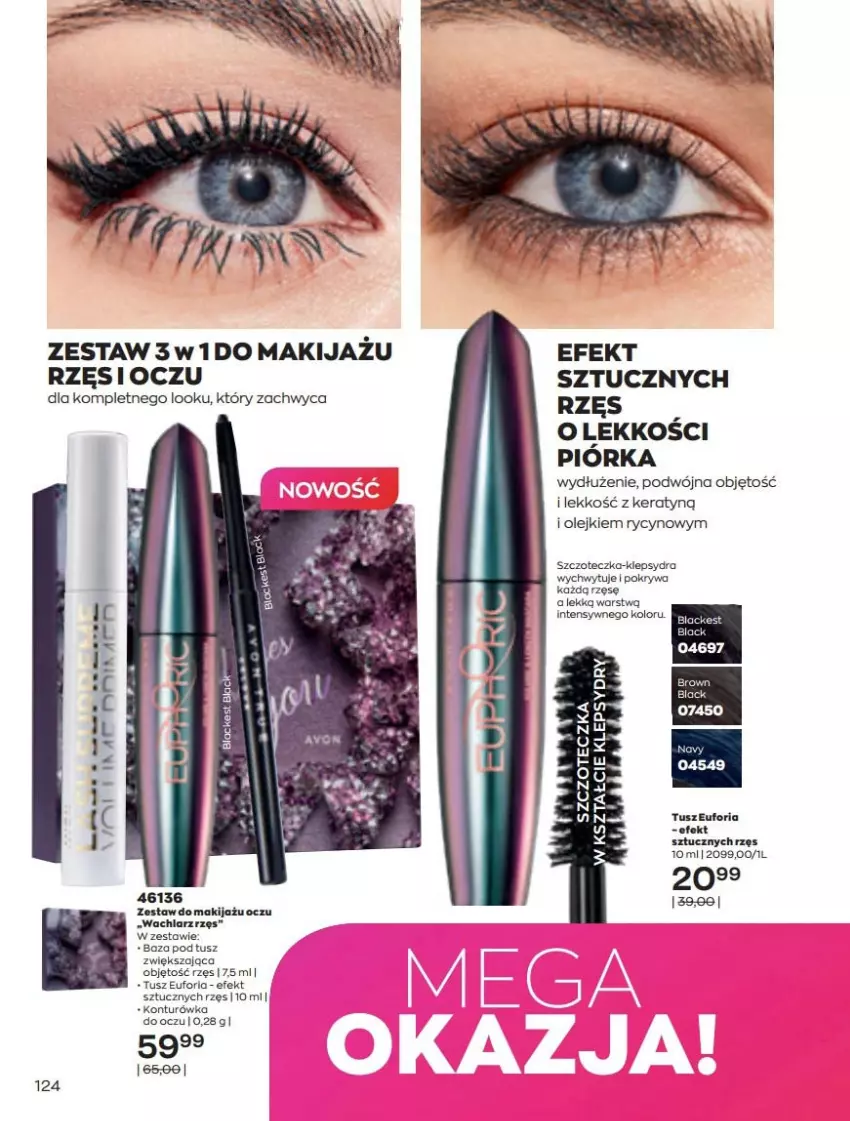 Gazetka promocyjna Avon - Katalog Avon 5/2022 kampania maj - ważna 01.05 do 31.05.2022 - strona 124 - produkty: Baza pod tusz, Konturówka do oczu, Lack, Makijaż, Olej, Pokrywa, Szczoteczka, Tusz