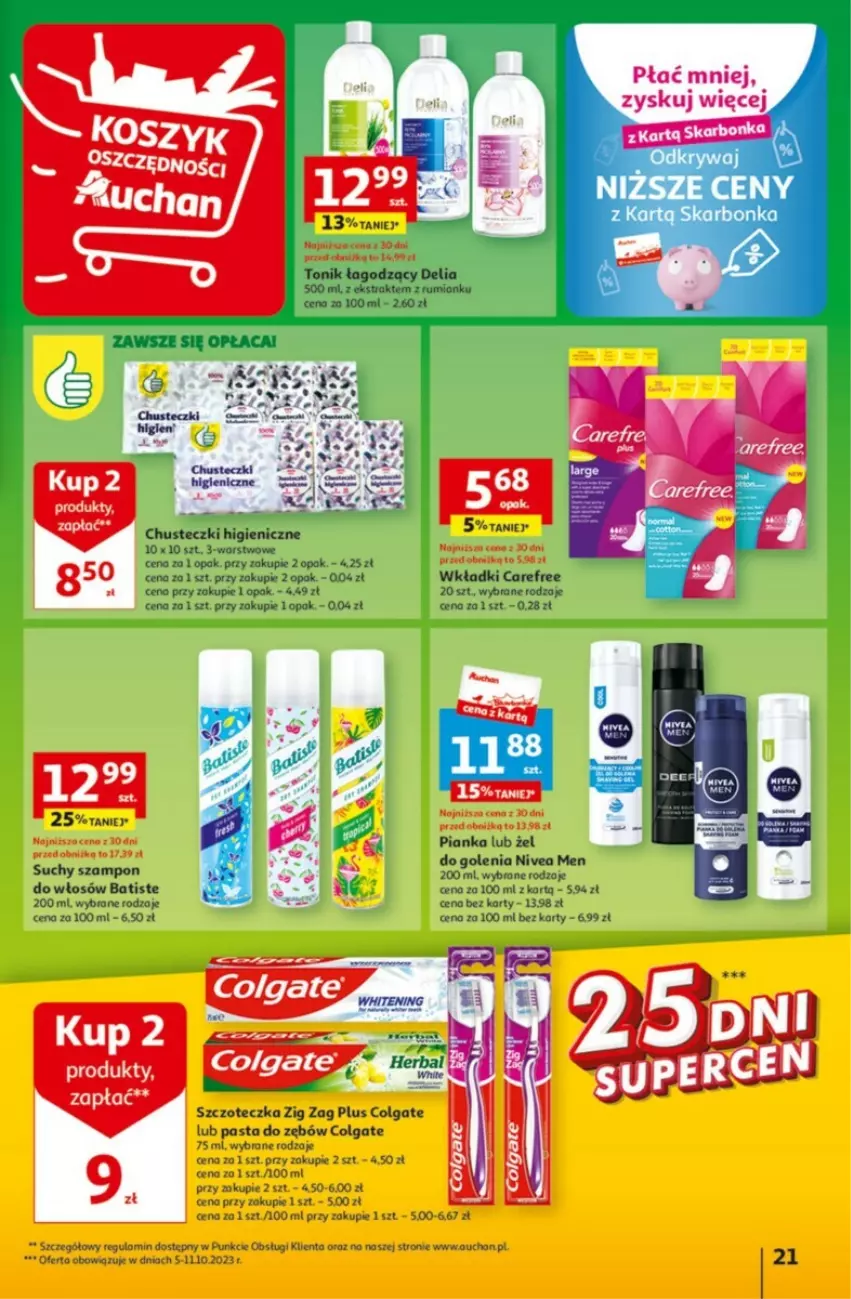 Gazetka promocyjna Auchan - ważna 05.10 do 11.10.2023 - strona 14 - produkty: Batiste, Carefree, Chusteczki, Colgate, LG, Nivea, Nivea Men, Pasta do zębów, Rum, Suchy szampon, Szampon, Szczoteczka, Tonik, Wkładki