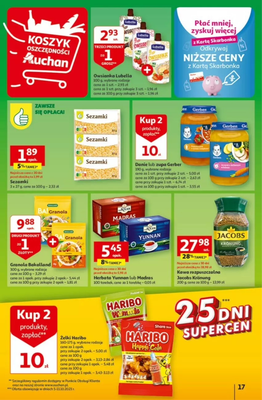 Gazetka promocyjna Auchan - ważna 05.10 do 11.10.2023 - strona 9 - produkty: Bakalland, Bell, Bella, Gerber, Gra, Granola, Haribo, Herbata, Jacobs, Kawa, Kawa rozpuszczalna, Lubella, Owsianka, Zupa