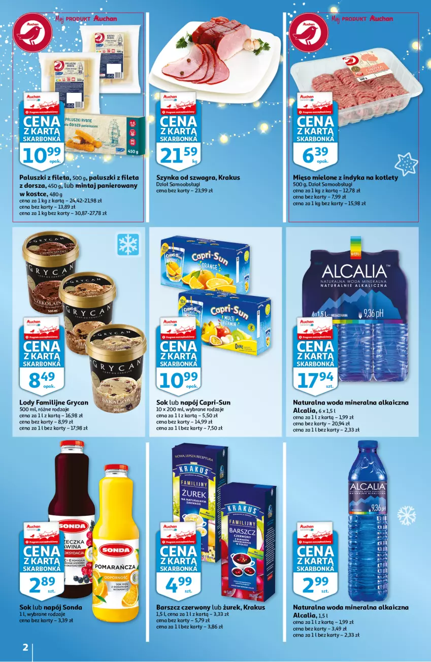 Gazetka promocyjna Auchan - Skarbonka #45 - ważna 12.11 do 17.11.2021 - strona 2 - produkty: Dorsz, Fa, Gra, Gry, Kotlet, Krakus, Lody, Mięso, Mięso mielone, Mintaj, Napój, Sok, Szynka, Woda, Woda mineralna