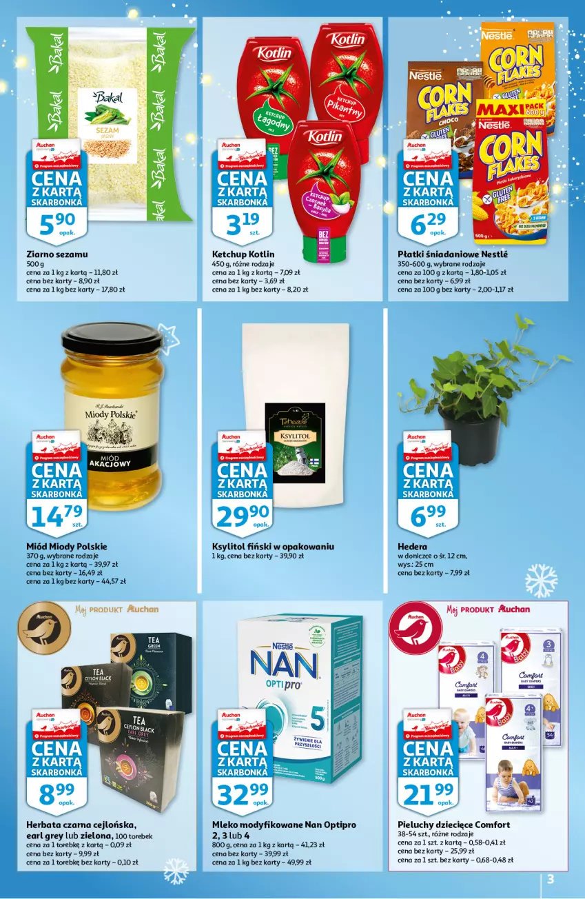 Gazetka promocyjna Auchan - Skarbonka #45 - ważna 12.11 do 17.11.2021 - strona 3 - produkty: Danio, Dzieci, Earl Grey, Herbata, Herbata czarna, Ketchup, Kotlin, Ksylitol, Miód, Mleko, Mleko modyfikowane, NAN Optipro, Pieluchy, Sezam