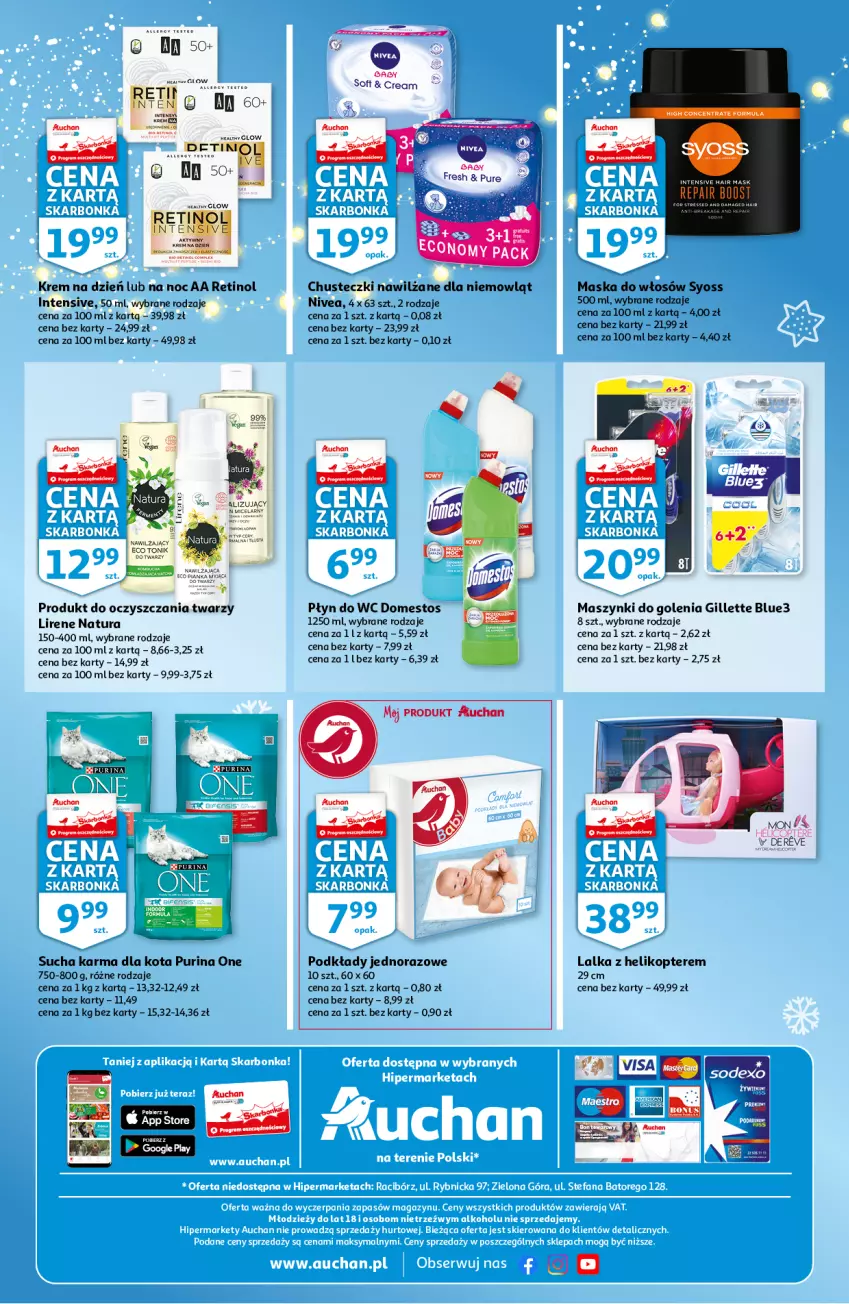 Gazetka promocyjna Auchan - Skarbonka #45 - ważna 12.11 do 17.11.2021 - strona 4 - produkty: Chusteczki, Domestos, Gillette, Helikopter, Krem na dzień, Lalka, Lirene, Maska, Maska do włosów, Nivea, Płyn do wc, Podkład, Pur, Purina, Sucha karma, Syoss, Tonik, Tonik do twarzy