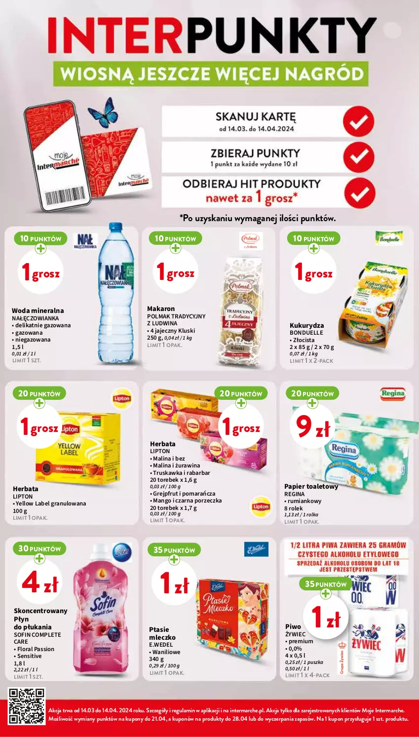 Gazetka promocyjna Intermarche - Gazetka Intermarche - ważna 03.04 do 10.04.2024 - strona 10 - produkty: Bonduelle, Flora, Gin, Gra, Grejpfrut, Herbata, Kukurydza, Lipton, Makaron, Mango, Mleczko, Nałęczowianka, Olma, Papier, Papier toaletowy, Piwo, Płyn do płukania, Por, Ptasie mleczko, Rum, Woda, Woda mineralna