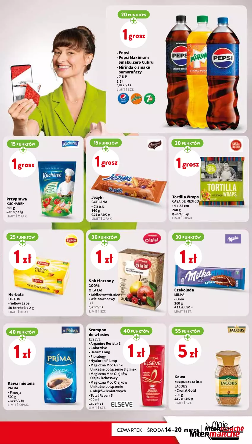 Gazetka promocyjna Intermarche - Gazetka Intermarche - ważna 03.04 do 10.04.2024 - strona 11 - produkty: Czekolada, Elseve, Goplana, Herbata, Jacobs, Jeżyki, Kawa, Kawa mielona, Kawa rozpuszczalna, Kokos, Kucharek, LANA, Lipton, Milka, Mirinda, Olej, Oreo, Pepsi, Pepsi max, Prima, Sok, Szampon, Tortilla