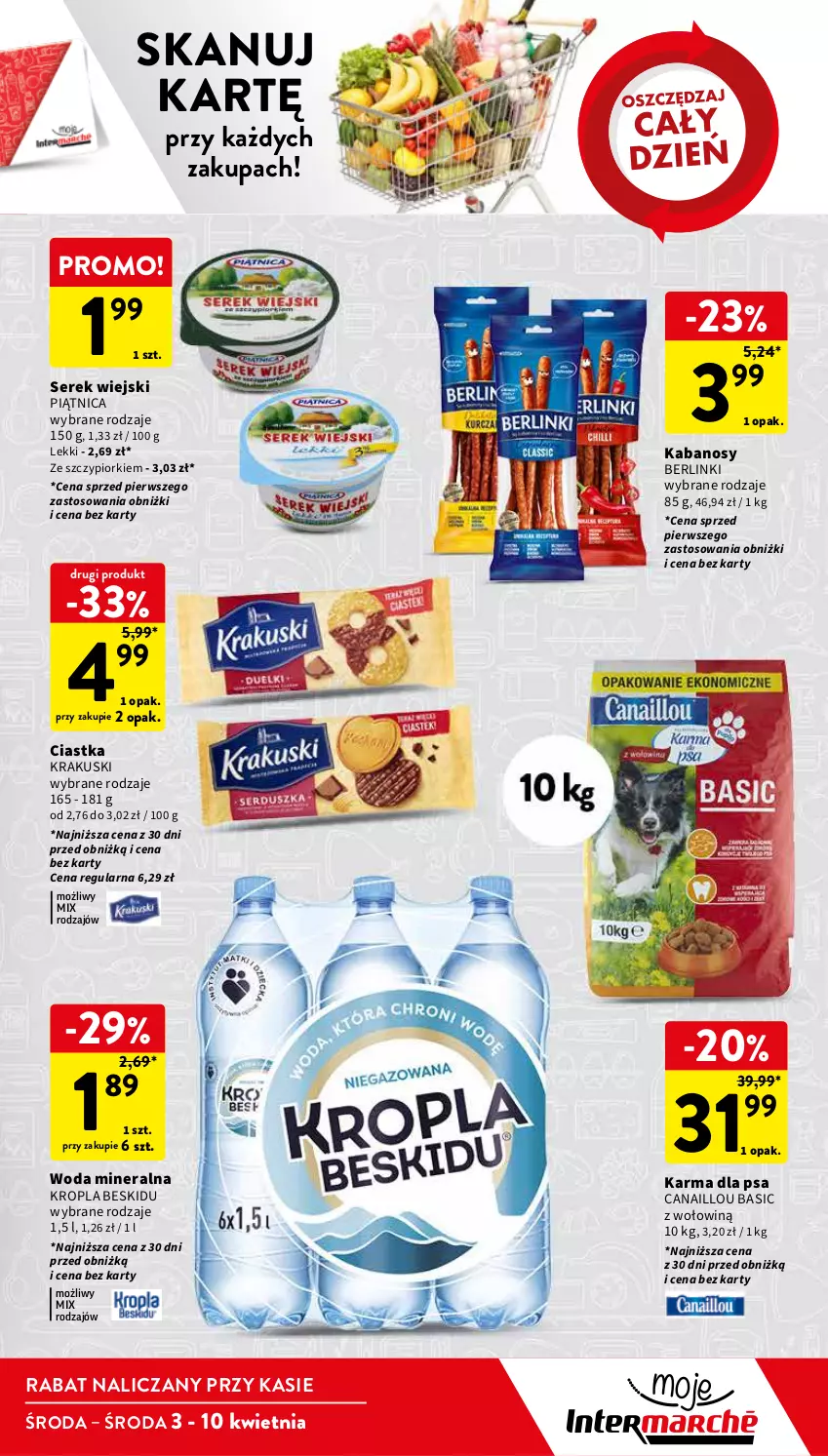 Gazetka promocyjna Intermarche - Gazetka Intermarche - ważna 03.04 do 10.04.2024 - strona 13 - produkty: Berlinki, Canaillou, Ciastka, Kabanos, Krakus, Krakuski, Piątnica, Ser, Serek, Serek wiejski, Woda, Woda mineralna