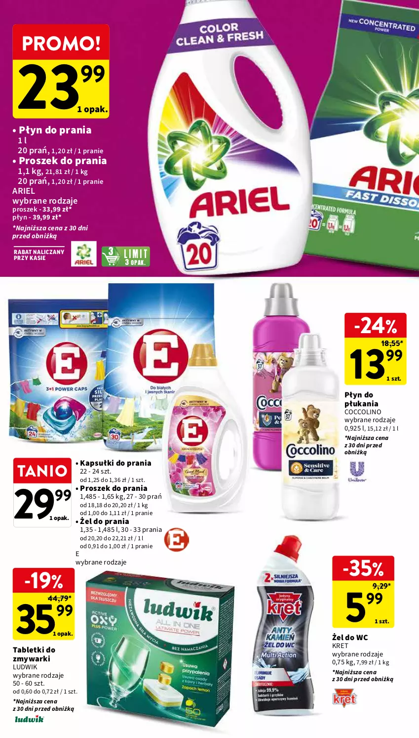 Gazetka promocyjna Intermarche - Gazetka Intermarche - ważna 03.04 do 10.04.2024 - strona 34 - produkty: Ariel, Coccolino, Kapsułki do prania, Kret, Ludwik, Płyn do płukania, Płyn do prania, Proszek do prania, Tablet, Tabletki do zmywarki, Zmywarki