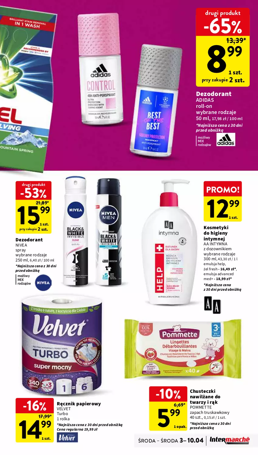 Gazetka promocyjna Intermarche - Gazetka Intermarche - ważna 03.04 do 10.04.2024 - strona 35 - produkty: Adidas, Chusteczki, Dezodorant, Dozownik, Emulsja, Nivea, Papier, Ręcznik, Velvet