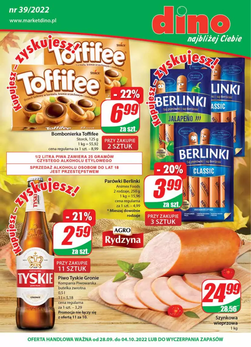 Gazetka promocyjna Dino - Gazetka - ważna 28.09 do 04.10.2022 - strona 1 - produkty: Berlinki, JBL, Parówki, Piwo, Toffifee, Tyskie