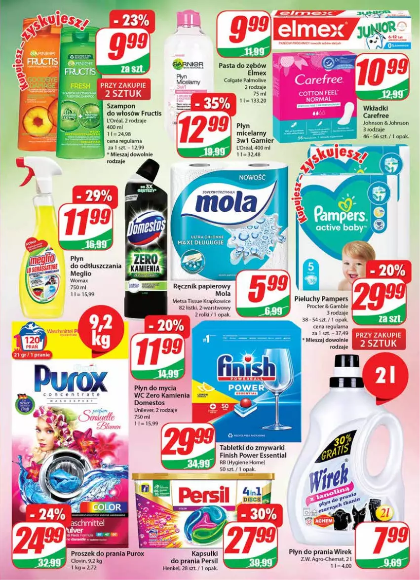 Gazetka promocyjna Dino - Gazetka - ważna 28.09 do 04.10.2022 - strona 23 - produkty: Body, Carefree, Colgate, Domestos, Elmex, Finish, Fructis, Garnier, LG, Lovi, Mola, Palmolive, Pampers, Papier, Pasta do zębów, Persil, Pieluchy, Płyn do mycia, Płyn do prania, Proszek do prania, Pur, Ręcznik, Rolki, Szampon, Tablet, Tabletki do zmywarki, Wkładki, Zmywarki