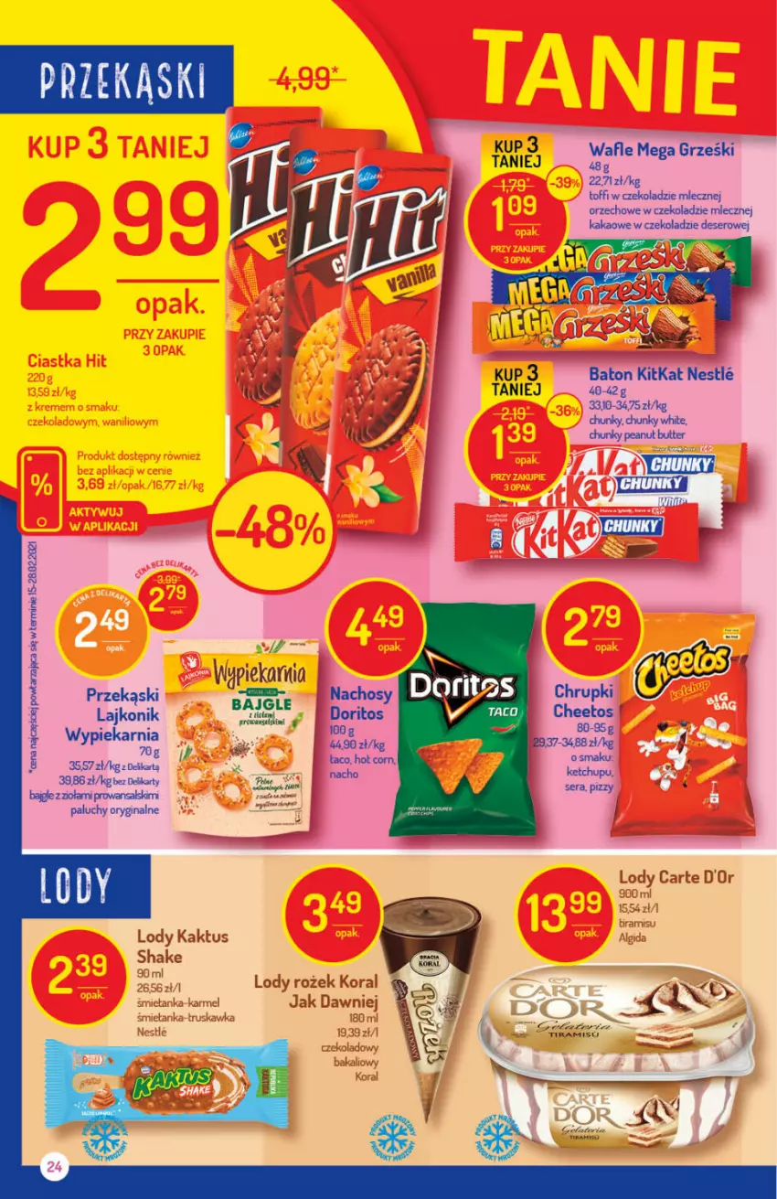 Gazetka promocyjna Delikatesy Centrum - Gazetka Delikatesy Centrum - ważna 22.04 do 28.04.2021 - strona 24 - produkty: Bajgle, Baton, Cheetos, Chrupki, Deser, Gin, Kakao, Kaktus, Ketchup, Lajkonik, Lody, Ser, Wafle